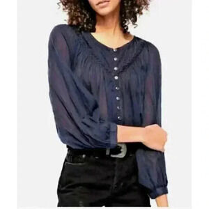 FP We the Free Cool Meadow Peasant Blouse XSMALL Navy Long Sleeve Yoke Neck NWT‎